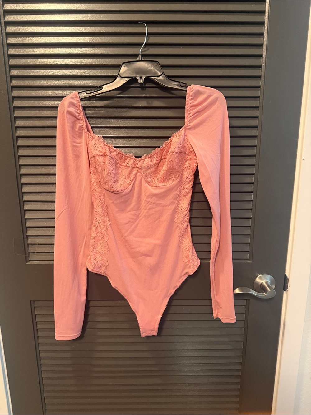 Free People Rose Pink Lace-Trim Long Sleeve Bodysuit